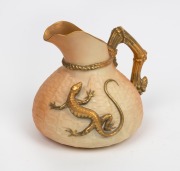 ROYAL WORCESTER antique English porcelain jug with applied lizard, 19th century, puce factory mark to base, 14cm high, 18cm wide