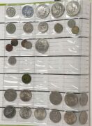 AN ACCUMULATION OF ASSORTED COINS, MEDALLIONS AND BADGES: Housed in a green album with a quantity loose. Of note: 1966 Australian 50 cents pieces, 1927 Australian Floren, decimal and pre-decimal Australian coins, coins of the world, numerous pennies etc. - 8