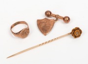 A 9ct and signet ring,&nbsp;9ct gold stick pin, and a 9ct gold single shield shaped cuff link, early 20th century, (3 items), 6.1 grams total.