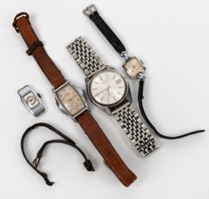 Four vintage wristwatches including gents stainless steel Seiko Japanese automatic date just, Lord Maximus Swiss tank style gents manual, Savillon Swiss ladies manual cocktail watch and a De Lux Swiss ladies tank style cocktail watch. 20th century.4 items, the Seiko 3.7cm wide including crown.