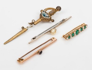 An antique gold bar brooch, set with greenstones and seed pearls; together with an antique 9ct rose gold bar brooch, set with purple stone, a 9ct gold bar brooch, set with a pearl and an Italian micro-mosaic gold plated sword pin, 19th/20th century, (4 items), the largest 5.4cm wide, 5.8 grams total (excluding sword pin)