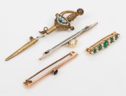 An antique gold bar brooch, set with greenstones and seed pearls; together with an antique 9ct rose gold bar brooch, set with purple stone, a 9ct gold bar brooch, set with a pearl and an Italian micro-mosaic gold plated sword pin, 19th/20th century, (4&nbsp;it