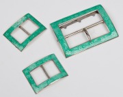 A set of three antique sterling silver and green enamel shoe and belt buckles, housed in original plush fitted case, ​​​​​​​the case 15.5cm wide. - 2
