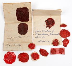 SEALS: Small collection of wax seals including two on covers "KING OF DELHI" and "JOHN GRAHAM OF CLOVERHOUSE VISCOUNT DUNDEE, Died 1690", (qty)