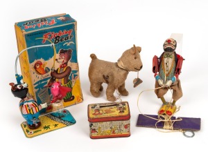MICKEY MOUSE TREASURE CHEST tinplate lithographed vintage money box, together with a mechanical clockwork "FISHING BEAR" toy in original box, a tinplate climbing clown toy, and a clockwork puppy dog with shoe toy, early to mid 20th century, (4 items), ​​​
