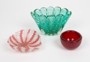 SEGUSO green Murano glass vase; together with a SEGUSO pink latticino glass dish and a VENINI ruby glass bowl, (3 items), the largest 10cm high