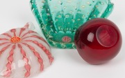 SEGUSO green Murano glass vase; together with a SEGUSO pink latticino glass dish and a VENINI ruby glass bowl, (3 items), the largest 10cm high - 2