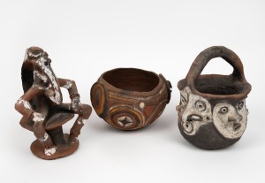 Tribal pottery statue and two bowls (one with handle), Sepik&nbsp;River Papua New Guinea origin,&nbsp; collected in 1968, the statue 26cm high