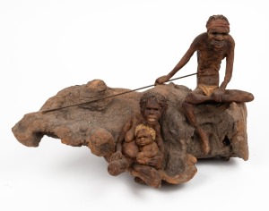 PHYLL HOLMES driftwood statue figure group of an Aboriginal family, 20th century&nbsp; 23cm high, 32cm wide