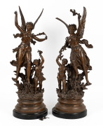 (after) ERNEST RANCOULET (1870-1915), pair of antique French patinated spelter winged figures with cherub nymph companions on ebonised timber bases, titled "Treasure of the Earth" and "Earth's Adornment", 19th/20th century, with applied title and sculptor
