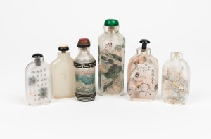Six assorted antique and vintage Chinese glass scent bottles, five examples with internal landscape paintings, (some missing lids), the largest 9cm high