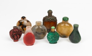 Eight assorted antique and vintage Chinese scent bottles, carved jade, agate, glass and lacquer, (most missing lids), the largest 9cm high