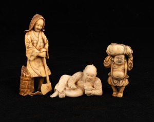 Two Japanese carved ivory okimono&nbsp;and a carved ivory netsuke, Meiji Period, 19th/20th century, the largest 9cm high
