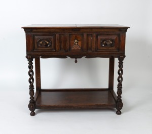 An unusual antique oak side table with lift-top storage&nbsp;compartment, ivory and parquetry inlaid faux front drawers incorporating 18th century elements, late 19th century, 92cm high, 102cm wide, 59cm deep