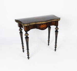 An antique French games table with marquetry inlay top and ormolu mounts, 19th century, ​​​​​​​76cm high, 87cm wide, 42cm deep