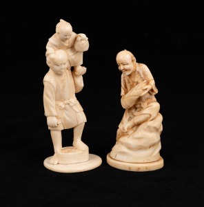 Two Japanese okimono, carved ivory and walrus tusk, Meiji Period, 20th century, 13cm and 10cm high