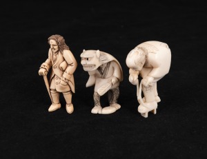 Three Japanese carved ivory netsuke comprising of an unusual European style standing figure, a hunched Japanese figure and a kabuki theatre figure, early to mid 20th century, the largest 5.5cm high