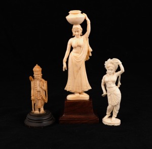 Three Indian carved ivory figures, (two on wooden plinths), A/F, 20th century, the largest 17cm high