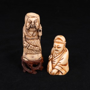 Two Chinese carved ivory statues, (one on timber base), early to mid 20th century, 10cm and 6.5cm high