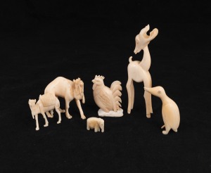 Six assorted carved ivory and whale tooth animal ornaments in mixed condition, A/F, early to mid 20th century, the largest 12cm high
