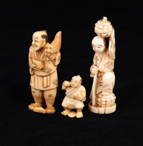 Three assorted Japanese okimono and miniature statuettes, carved marine ivory and ivory, early to mid 20th century, the largest 9.5cm high