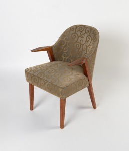 An Australian vintage armchair with Tasmanian oak frame and later upholstery, in the manner of Kurt Olsen, circa 1960s, 54cm across the arms