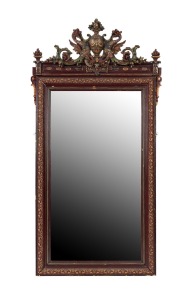 A vintage Continental pier mirror with urn and griffin moulded crest and painted finish with gilt highlights, 164 x 85cm