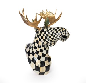 MACKENZIE CHILDS "Courtly Check" faux life-sized shoulder mount moose head, fibreglass resin with hand-painted checker board decoration and gold leaf gilt antlers, 120cm high, 86cm across the rack, 120cm deep