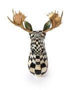 MACKENZIE CHILDS&nbsp;"Courtly Check"&nbsp;faux life-sized shoulder mount moose head, fibreglass resin with hand-painted checker board decoration and gold leaf gilt antlers, 120cm high, 86cm across the rack,&nbsp;120cm deep - 2