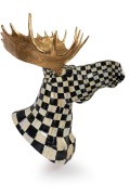 MACKENZIE CHILDS&nbsp;"Courtly Check"&nbsp;faux life-sized shoulder mount moose head, fibreglass resin with hand-painted checker board decoration and gold leaf gilt antlers, 120cm high, 86cm across the rack,&nbsp;120cm deep - 4