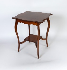 An antique English solid walnut serpentine top occasional table with shaped apron, cabriole legs and lower shelf support, circa 1900, 75cm high, 60cm wide, 60cm deep