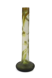 EMILE GALLE "Gum Blossom" French three coloured cameo glass vase, circa 1900, tall cylindrical form with robust onion shaped base, signed in foliage near base "Gall&eacute;", an impressive 59cm high