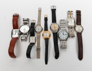 A collection of nine assorted fashion watches in mixed condition, including Seiko Kinetic and Seiko S-Wave day-date (both automatic), Montblanc GMT date just automatic, Tommy Hilfiger tank style quartz, two quartz by Tensity and three other quartz examples. The Montblanc 4.5cm wide including crown.