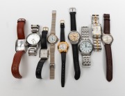 A collection of nine assorted fashion watches in mixed condition, including Seiko Kinetic and Seiko S-Wave day-date (both automatic),&nbsp;Montblanc&nbsp;GMT date just automatic, Tommy Hilfiger tank style quartz, two quartz by Tensity and three other quartz example