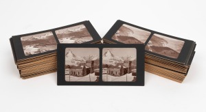 STEREO CARDS: Seventy-one early 20th-century stereo cards produced by a private individual on a visit to Switzerland, with views of the Rothorn, Devil's Bridge, Bern, chalets, etc., with captions in pencil on rear on most. (71 cards)