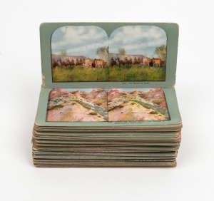 STEREO CARDS: Ninety-one late 19th-century stereo cards, likely Ingersoll, with views of the American West, Cuba, Philippines, Alaska, Egyptian monuments, street life in Cairo,&nbsp;and others. (91 cards)
