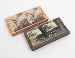 STEREO CARDS: Thirty-one c. 1900 stereo cards from Kelley, Kilburn, and Griffith & Griffith, with views of Leaning Tower of Pisa, steamboat on Lake Como, New York elevated railway, Chicago street life, and others. (31 cards)