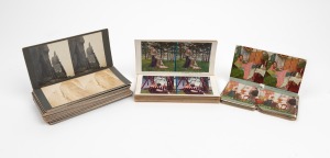 STEREO CARDS: Seventy-one c. 1920s stereo cards, mostly featuring comedic scenes, in addition to a series of images of a small group of climbers summitting various peaks in the European Alps. (71 cards)