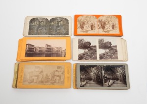 STEREO CARDS: Forty-four c. 1890s stereo cards from multiple publishers, with views of Sioux Indians, Crow Indians, 'The Last of the Buffalo', burnt-out street cars following Hawaii wildfire, and others. (44 cards)