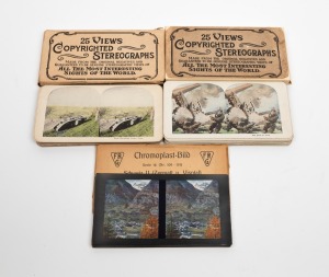 STEREO CARDS: Group of sixty-two stereo cards, comprising two First World War image series (one of which in original packaging), and one series on Switzerland (also in original packaging). (62 cards)
