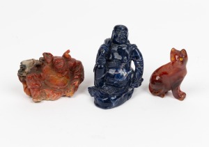Three Chinese carved stone figures including lapis, agate and soapstone, 20th century, the largest 7.5cm high