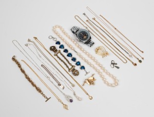 Assorted costume jewellery, replica wristwatch, fine 9ct gold chain and a 9ct gold pendant, (qty)