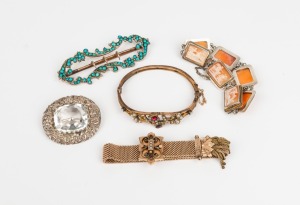 An antique silver and turquoise belt buckle, antique gold plated bangle and bracelet, a vintage silver cameo bracelet, and a silver brooch with large clear stone, (5 items)