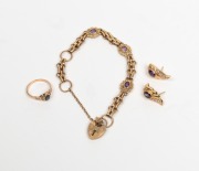 A vintage 9ct gold and amethyst bracelet with heart lock, together with a 9ct gold, diamond and green stone&nbsp;ring, and a pair of gold earrings set with stones, (3 items), 19.6 grams total.