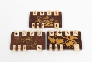 Three antique whist marker boards, attractively decorated in Japanese&nbsp;ivory Shibayama, 19th.20th century, the largest 9.5cm long