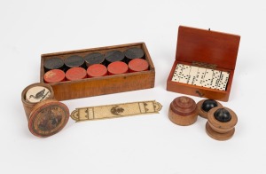 Antique gaming pieces, miniature dominoes in timber case,&nbsp;"MY OWN A.B.C." circular card game in original timber box with coloured lithograph top, plus a pocket magic ball trick. 19th/20th century, (4 items)
