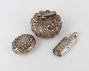 A Burmese silver melon box, a Dutch silver snuff box, and a silver scent bottle, 19th and 20th century, (3 items), the scent bottle 7cm high.