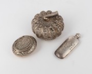 A Burmese silver melon box, a Dutch silver snuff box, and a silver scent bottle, 19th and 20th century, (3 items), ​​​​​​​the scent bottle 7cm high.