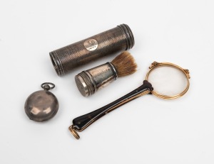 Antique lorgnette, antique silver sovereign case and shaving brush case, 19th/20th century, (3 items), ​​​​​​​the lorgnette 14cm high.