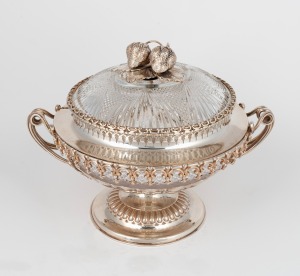 50 · An antique cut crystal and silver plated strawberry tureen, 19th century, 20cm high, 27cm across the handles